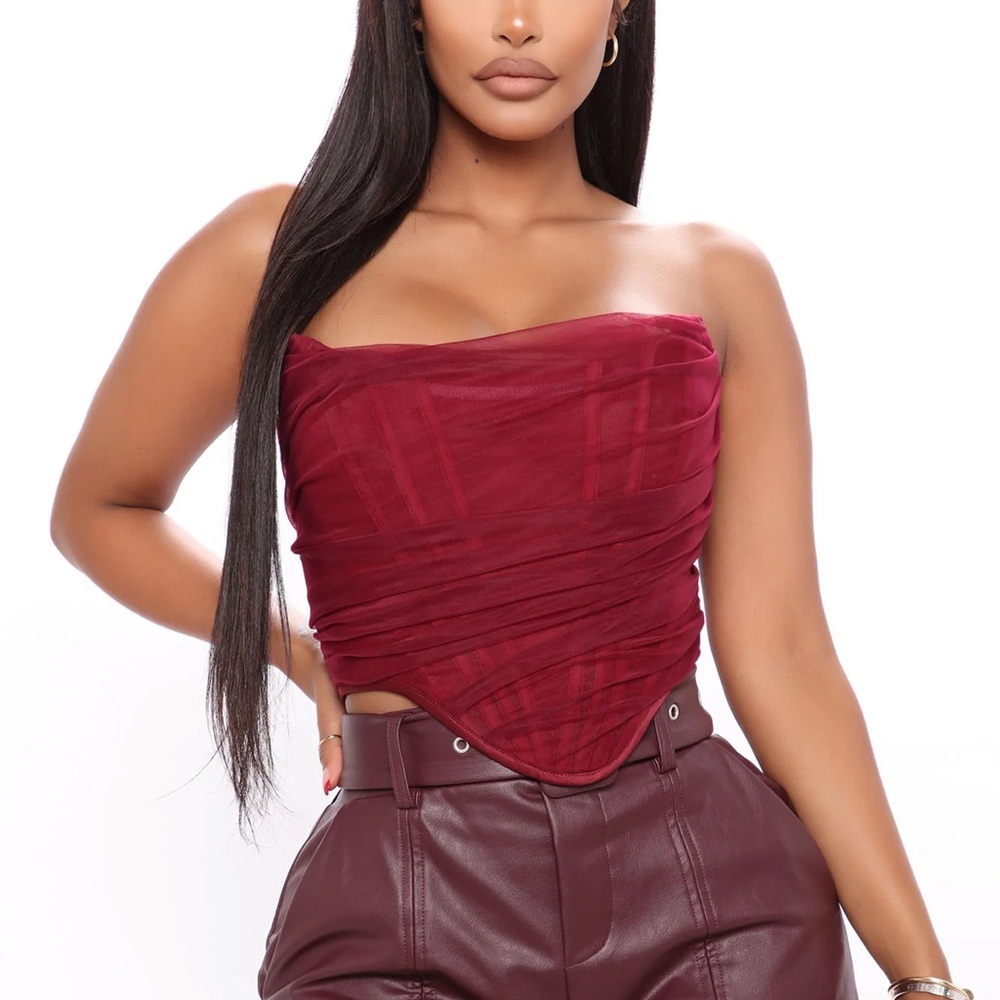 Fashion Nova Burgundy Corset top mesh strapless date night shirt top new Medium